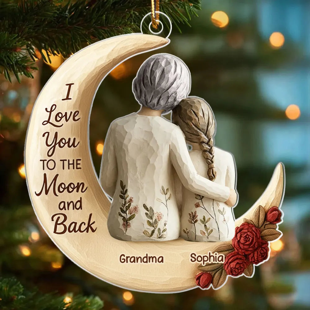 Grandma And Grandkid On The Moon Faux Wood - Personalized Acrylic Ornament - Heartwarming Christmas Gift For Grandma, For Family