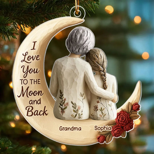 Grandma And Grandkid On The Moon Faux Wood - Personalized Acrylic Ornament - Heartwarming Christmas Gift For Grandma, For Family