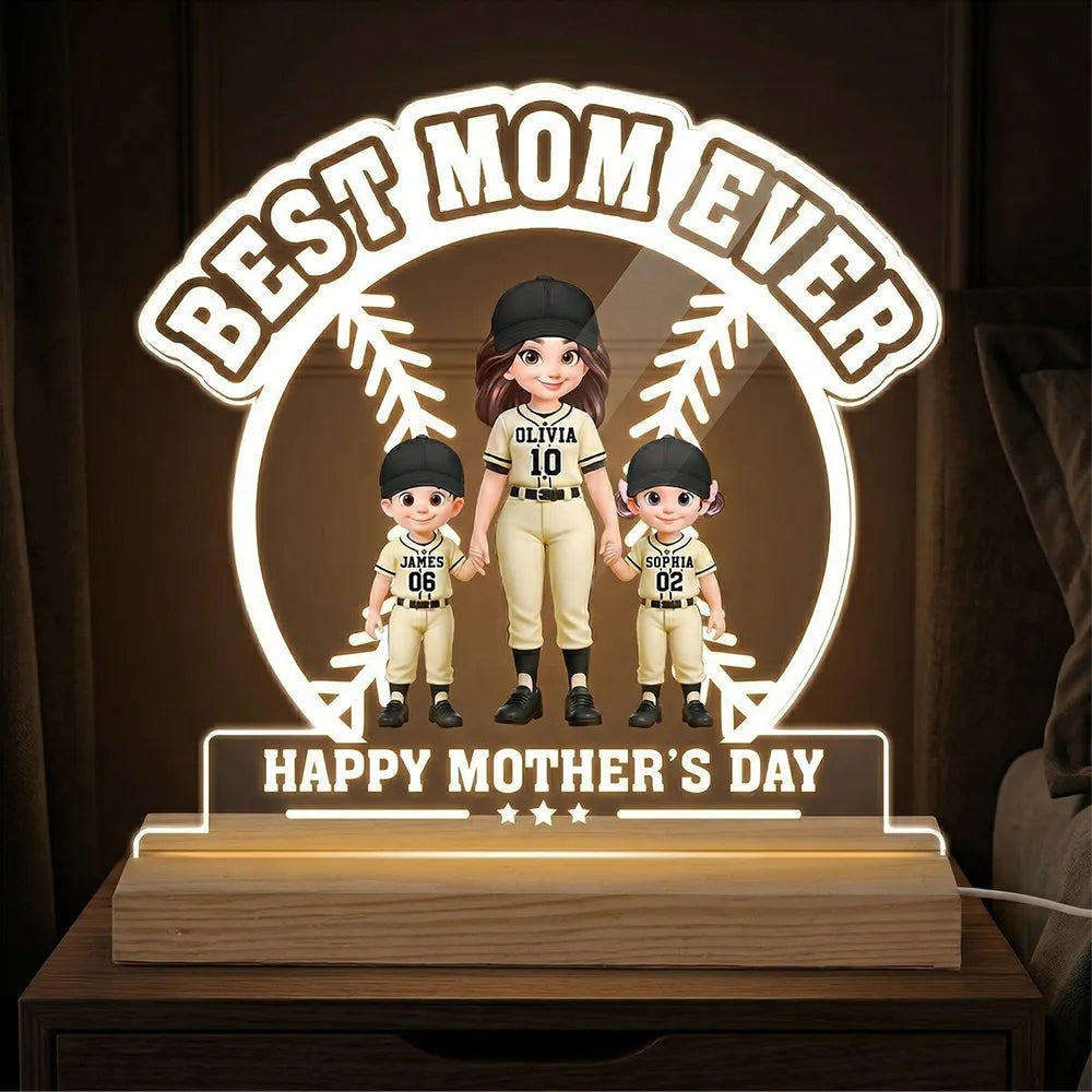 Best Mom Ever Baseball Mom & Kids - Personalized Acrylic Plaque LED Night Light