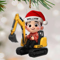 3D Effect Little Boy Kid With Construction Vehicle Excavator Backhoe Tractor Christmas Personalized Acrylic Ornament