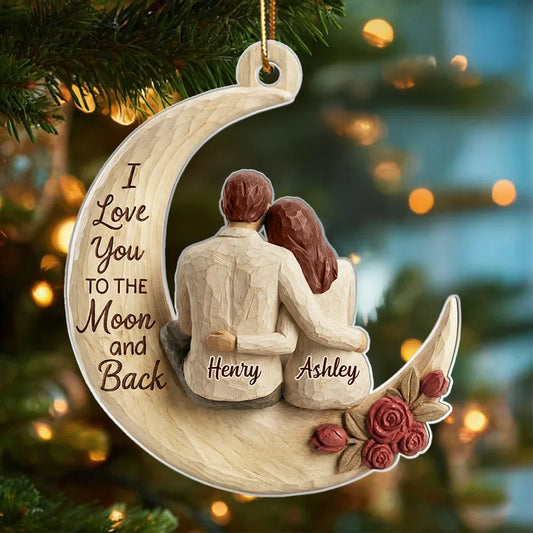 I Love You To The Moon And Back Faux Wood - Personalized Acrylic Ornament - Heartwarming Christmas Gift For Him, For Her, For Couple