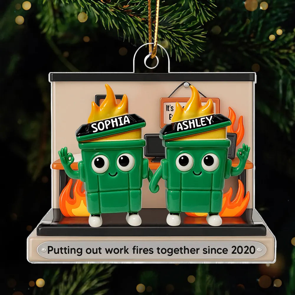 3D Effect Dumpster Fires In Office Scene - Personalized Acrylic Ornament - Funny Gift For Colleagues, Work Besties
