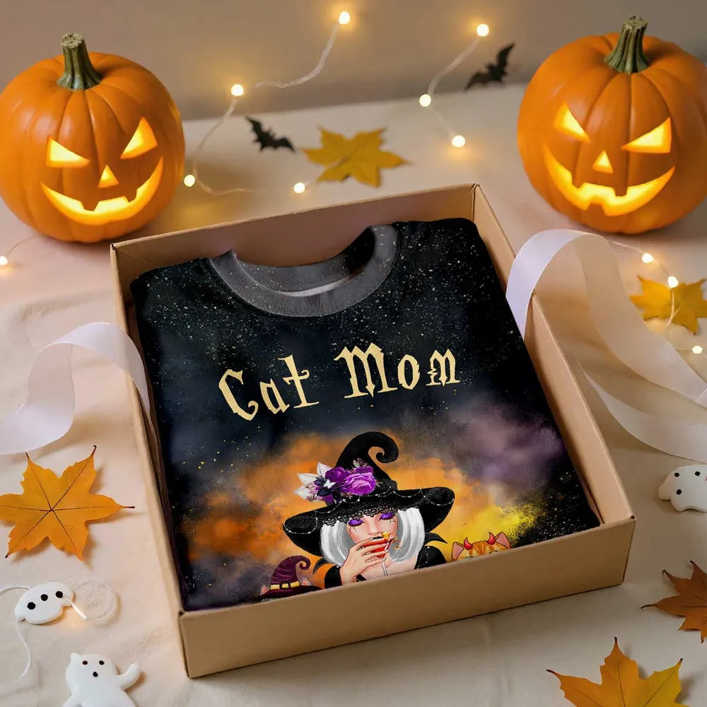 Pretty Witch Cat Mom Witchy Ombre Tie-Dye Pattern Personalized Shirt, Purrfect Costume for Cat Lover