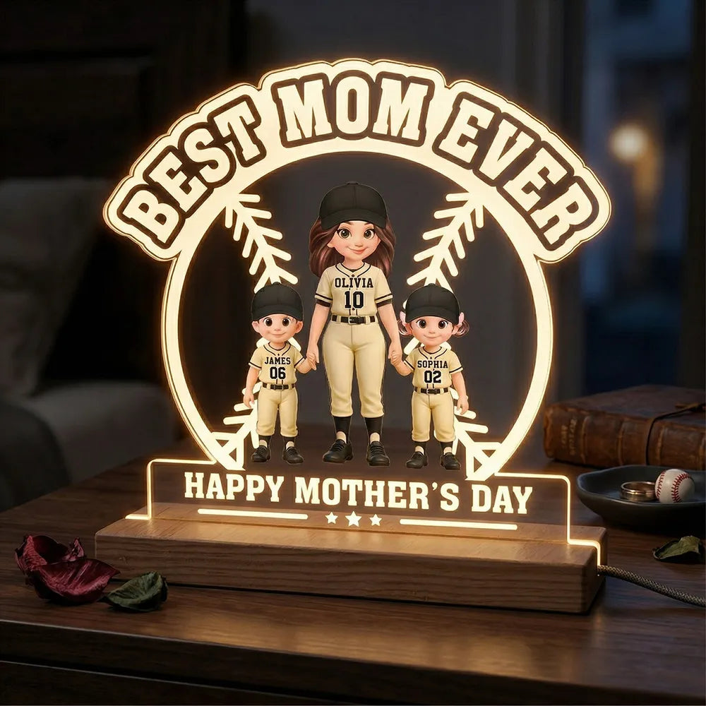 Best Mom Ever Baseball Mom & Kids - Personalized Acrylic Plaque LED Night Light