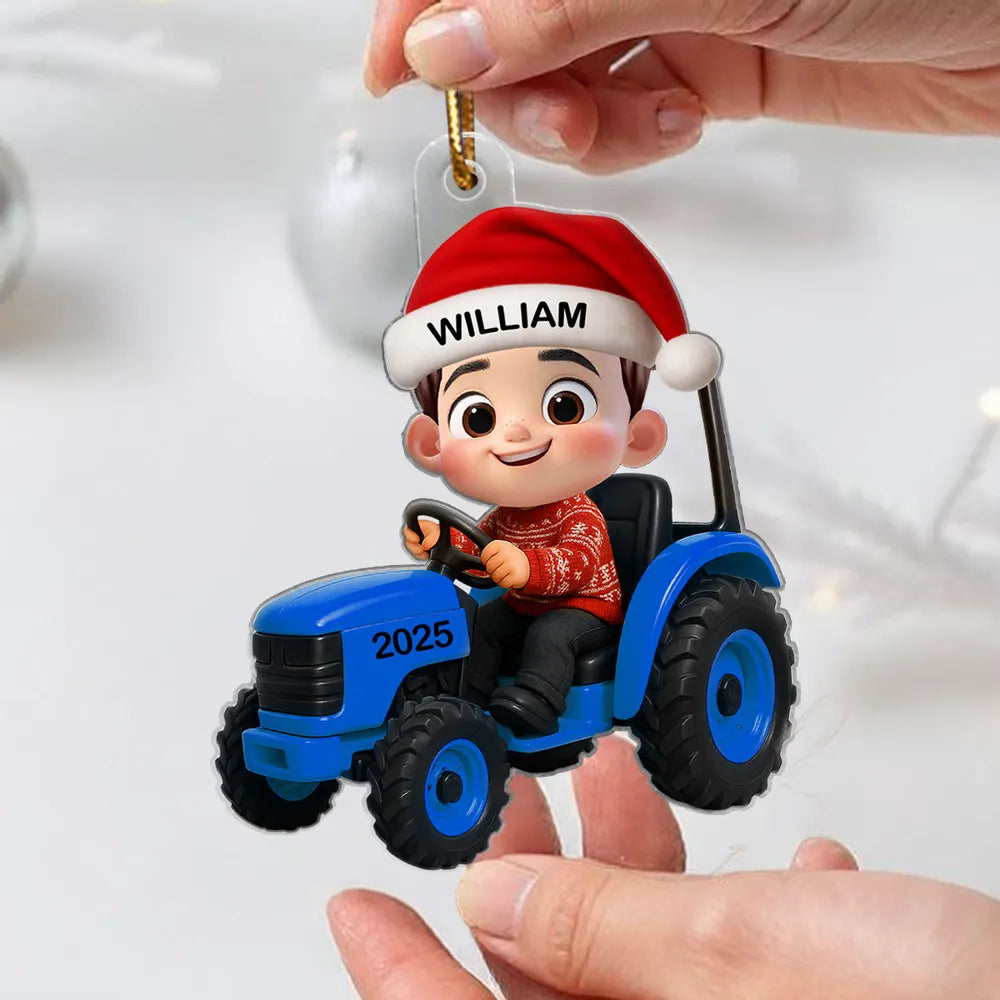3D Effect Little Boy Kid With Construction Vehicle Excavator Backhoe Tractor Christmas Personalized Acrylic Ornament