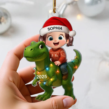 3D Effect Cute Little Girl Boy With Dinosaur Christmas - Personalized Acrylic Ornament - Gift For Kids, Grandkids, Fun & Unique