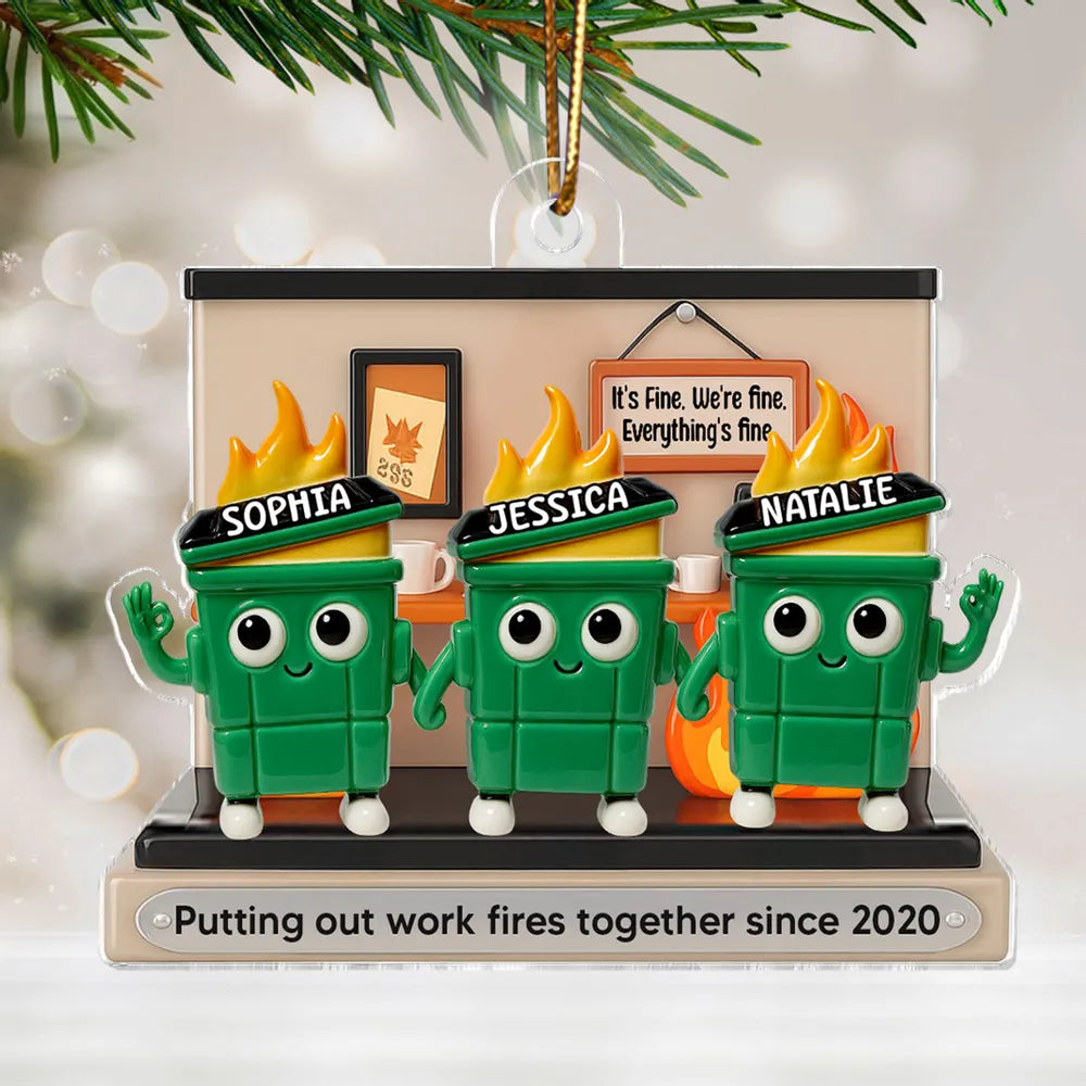 3D Effect Dumpster Fires In Office Scene - Personalized Acrylic Ornament - Funny Gift For Colleagues, Work Besties