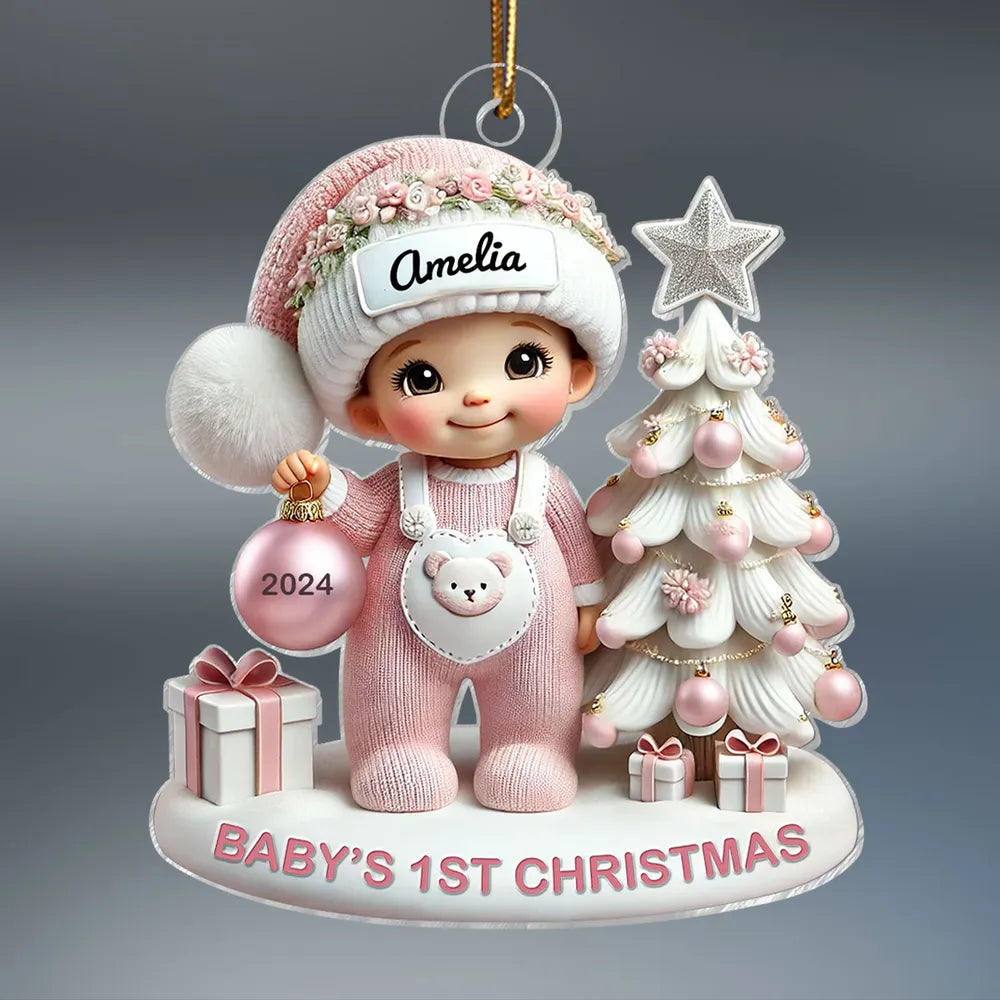 Cute Baby Standing Beside Christmas Tree 3D Effect Baby's First Christmas Personalized Acrylic Flat Ornament