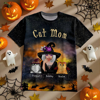 Pretty Witch Cat Mom Witchy Ombre Tie-Dye Pattern Personalized Shirt, Purrfect Costume for Cat Lover