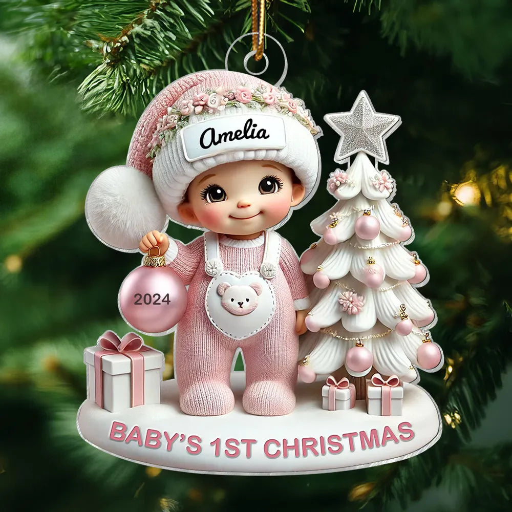 Cute Baby Standing Beside Christmas Tree 3D Effect Baby's First Christmas Personalized Acrylic Flat Ornament