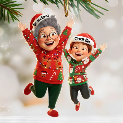 Happy Grandma Grandkid Jumping - Personalized Acrylic Ornament - Christmas Gift for Grandma, Grandkids