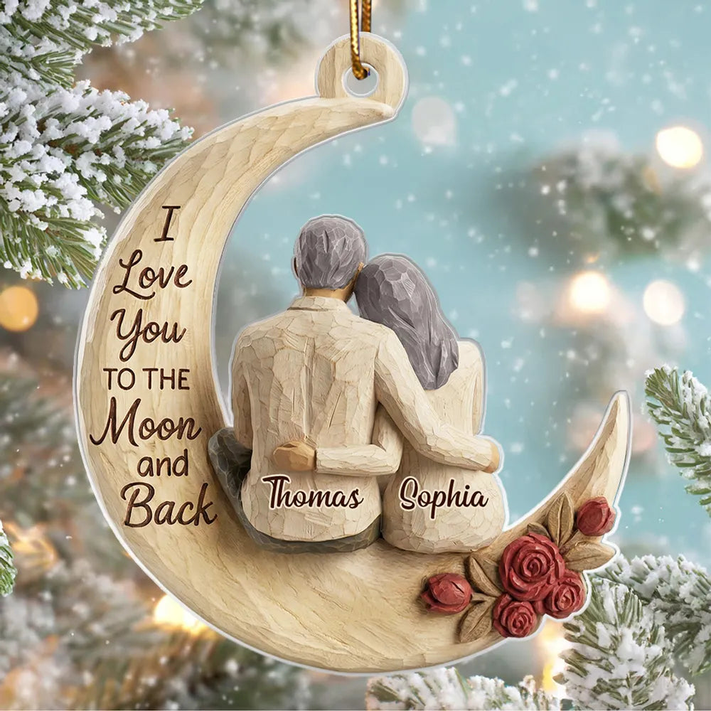 I Love You To The Moon And Back Faux Wood - Personalized Acrylic Ornament - Heartwarming Christmas Gift For Him, For Her, For Couple