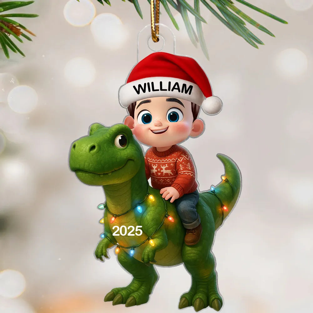 3D Effect Cute Little Girl Boy With Dinosaur Christmas - Personalized Acrylic Ornament - Gift For Kids, Grandkids, Fun & Unique