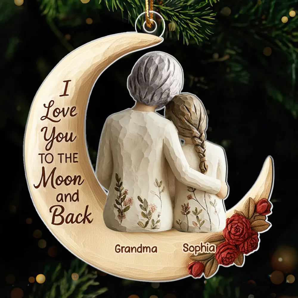 Grandma And Grandkid On The Moon Faux Wood - Personalized Acrylic Ornament - Heartwarming Christmas Gift For Grandma, For Family
