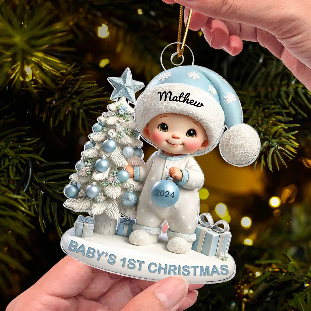 Cute Baby Standing Beside Christmas Tree 3D Effect Baby's First Christmas Personalized Acrylic Flat Ornament