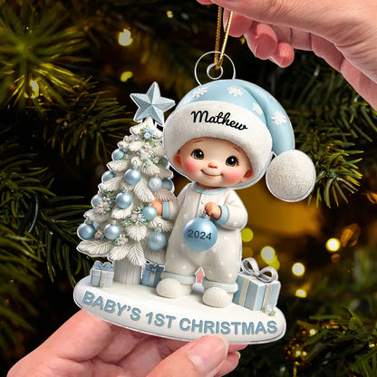 Cute Baby Standing Beside Christmas Tree 3D Effect Baby's First Christmas Personalized Acrylic Flat Ornament