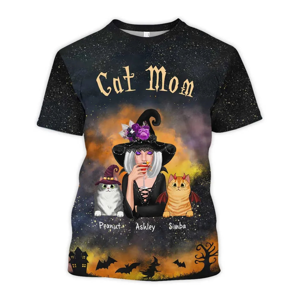 Pretty Witch Cat Mom Witchy Ombre Tie-Dye Pattern Personalized Shirt, Purrfect Costume for Cat Lover