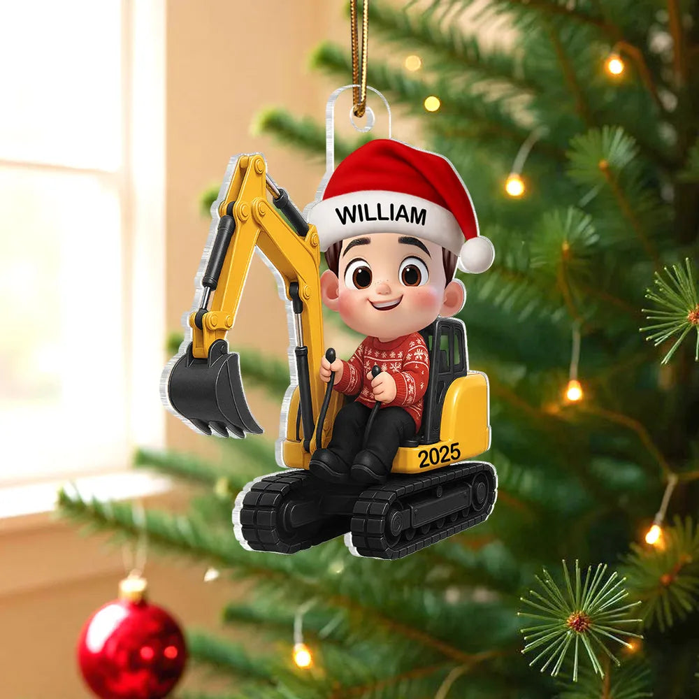 3D Effect Little Boy Kid With Construction Vehicle Excavator Backhoe Tractor Christmas Personalized Acrylic Ornament