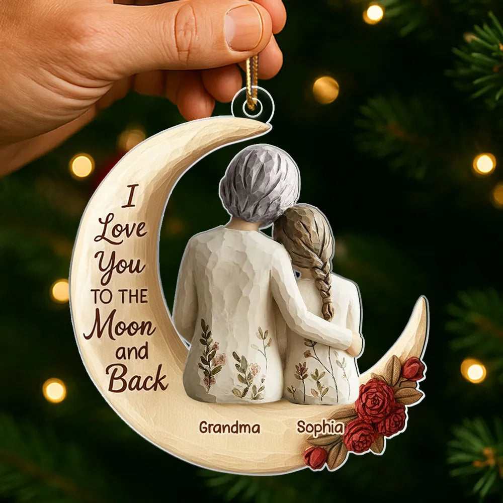 Grandma And Grandkid On The Moon Faux Wood - Personalized Acrylic Ornament - Heartwarming Christmas Gift For Grandma, For Family