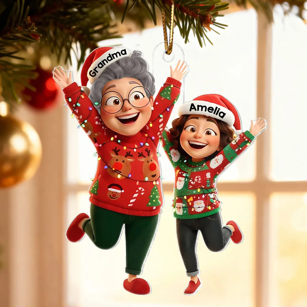 Happy Grandma Grandkid Jumping - Personalized Acrylic Ornament - Christmas Gift for Grandma, Grandkids