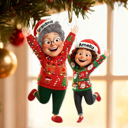Happy Grandma Grandkid Jumping - Personalized Acrylic Ornament - Christmas Gift for Grandma, Grandkids
