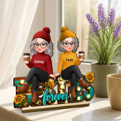 Western Fall Vibe Besties Sitting - Personalized Wooden Plaque - Meaningful Gift For Best Friend