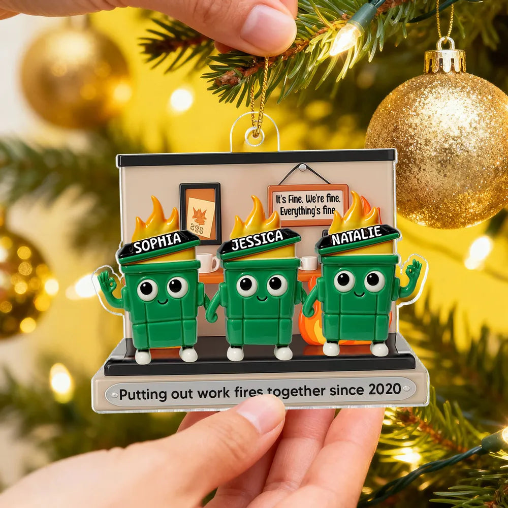 3D Effect Dumpster Fires In Office Scene - Personalized Acrylic Ornament - Funny Gift For Colleagues, Work Besties