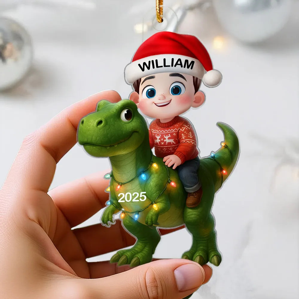 3D Effect Cute Little Girl Boy With Dinosaur Christmas - Personalized Acrylic Ornament - Gift For Kids, Grandkids, Fun & Unique