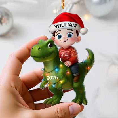 3D Effect Cute Little Girl Boy With Dinosaur Christmas - Personalized Acrylic Ornament - Gift For Kids, Grandkids, Fun & Unique
