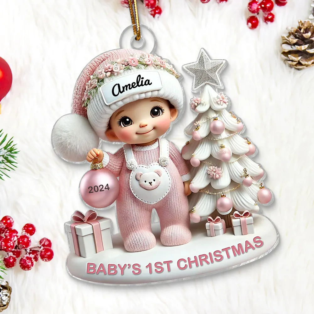 Cute Baby Standing Beside Christmas Tree 3D Effect Baby's First Christmas Personalized Acrylic Flat Ornament