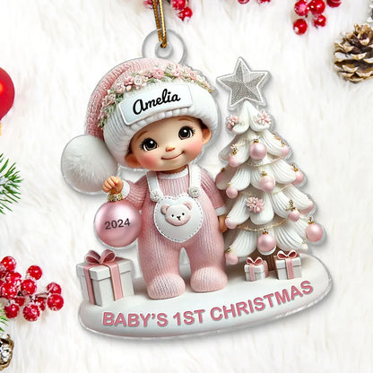 Cute Baby Standing Beside Christmas Tree 3D Effect Baby's First Christmas Personalized Acrylic Flat Ornament