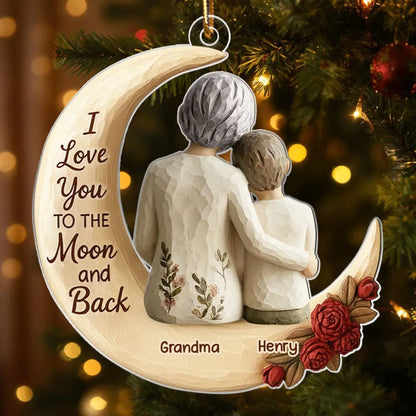 Grandma And Grandkid On The Moon Faux Wood - Personalized Acrylic Ornament - Heartwarming Christmas Gift For Grandma, For Family