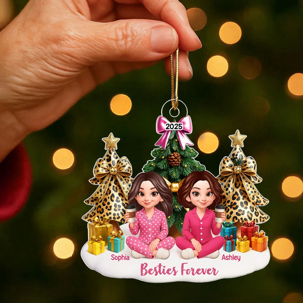 Besties Sitting Around Christmas Tree Personalized Acrylic Ornament, Christmas Gift for Best Friends, Sisters