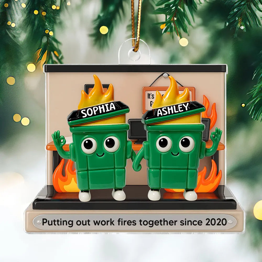3D Effect Dumpster Fires In Office Scene - Personalized Acrylic Ornament - Funny Gift For Colleagues, Work Besties