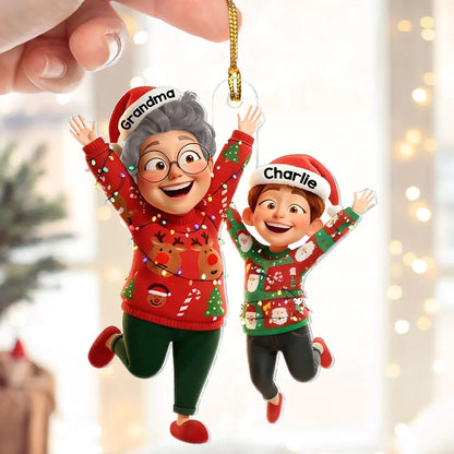 Happy Grandma Grandkid Jumping - Personalized Acrylic Ornament - Christmas Gift for Grandma, Grandkids