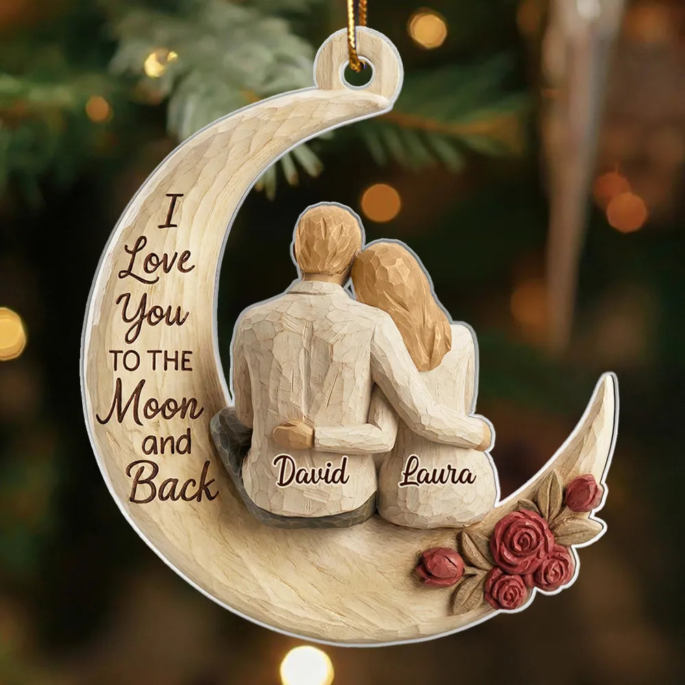 I Love You To The Moon And Back Faux Wood - Personalized Acrylic Ornament - Heartwarming Christmas Gift For Him, For Her, For Couple