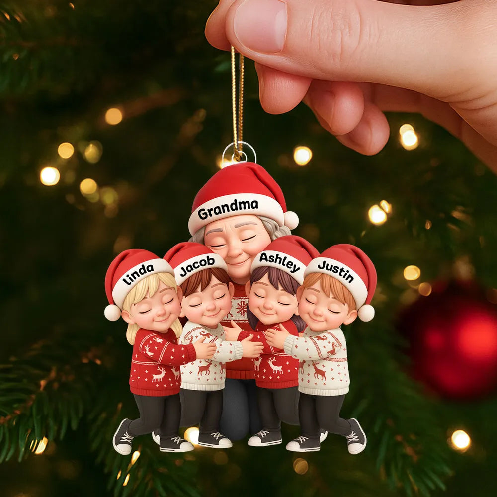 Grandma Hugging Grandkids - Personalized Acrylic Ornament - Heartwarming Christmas Gift for Grandma, Granddaughter, Grandson