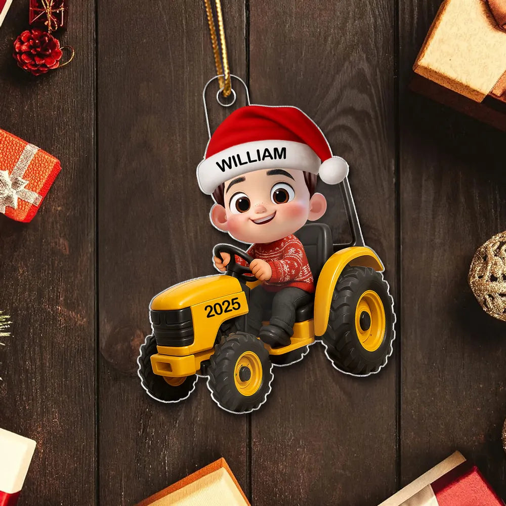 3D Effect Little Boy Kid With Construction Vehicle Excavator Backhoe Tractor Christmas Personalized Acrylic Ornament