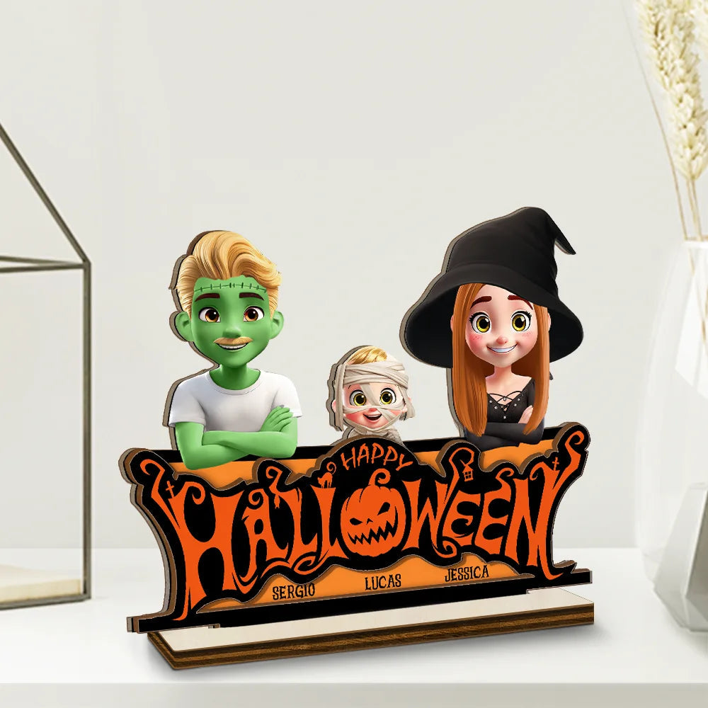 Happy Halloween Family Costume - Personalized Custom Shaped 2-Layered Wooden Plaque