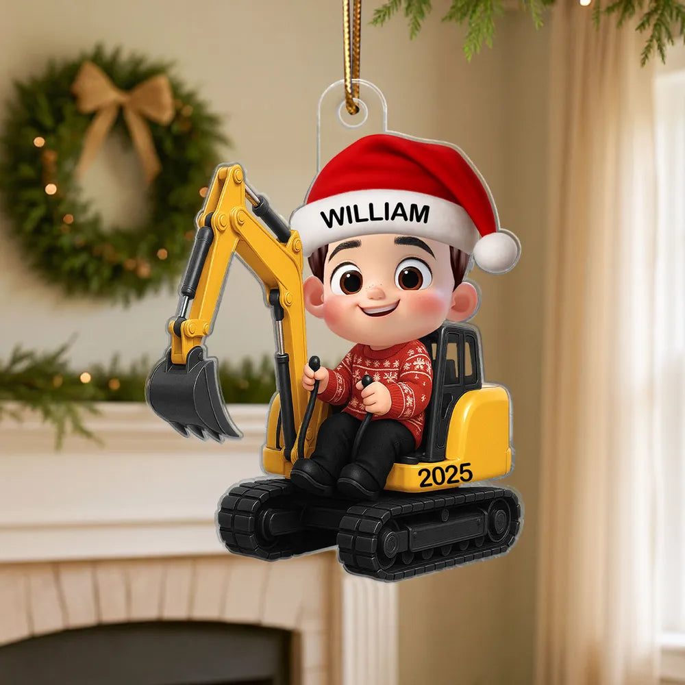 3D Effect Little Boy Kid With Construction Vehicle Excavator Backhoe Tractor Christmas Personalized Acrylic Ornament