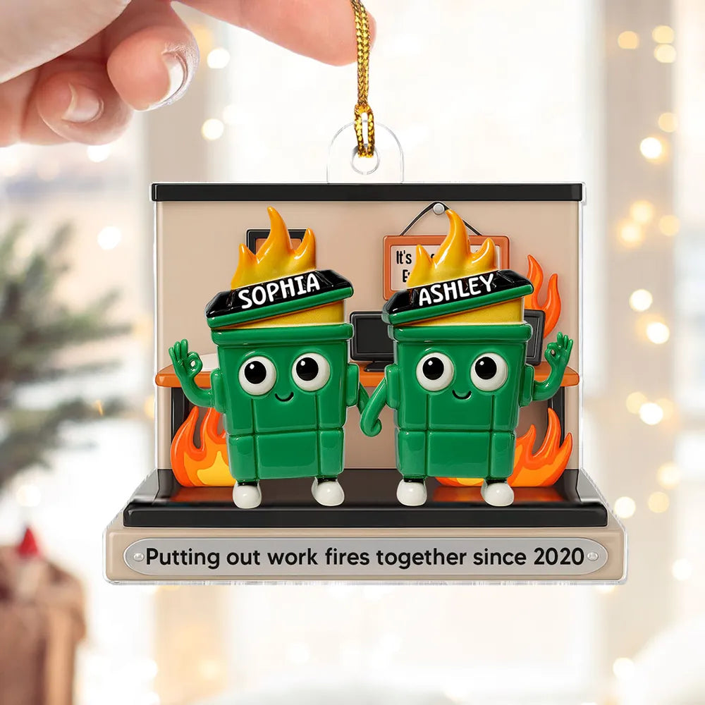 3D Effect Dumpster Fires In Office Scene - Personalized Acrylic Ornament - Funny Gift For Colleagues, Work Besties