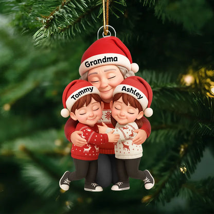 Grandma Hugging Grandkids - Personalized Acrylic Ornament - Heartwarming Christmas Gift for Grandma, Granddaughter, Grandson