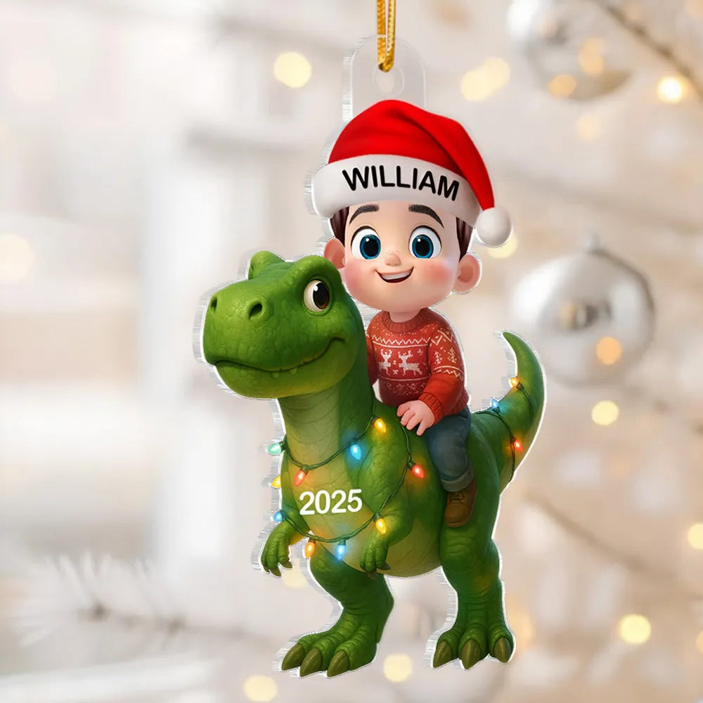 3D Effect Cute Little Girl Boy With Dinosaur Christmas - Personalized Acrylic Ornament - Gift For Kids, Grandkids, Fun & Unique