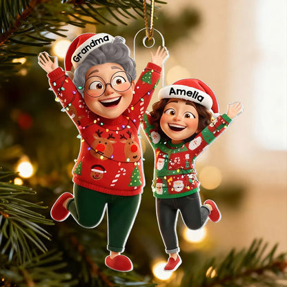 Happy Grandma Grandkid Jumping - Personalized Acrylic Ornament - Christmas Gift for Grandma, Grandkids