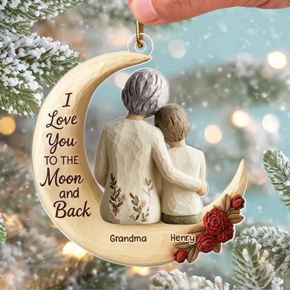 Grandma And Grandkid On The Moon Faux Wood - Personalized Acrylic Ornament - Heartwarming Christmas Gift For Grandma, For Family