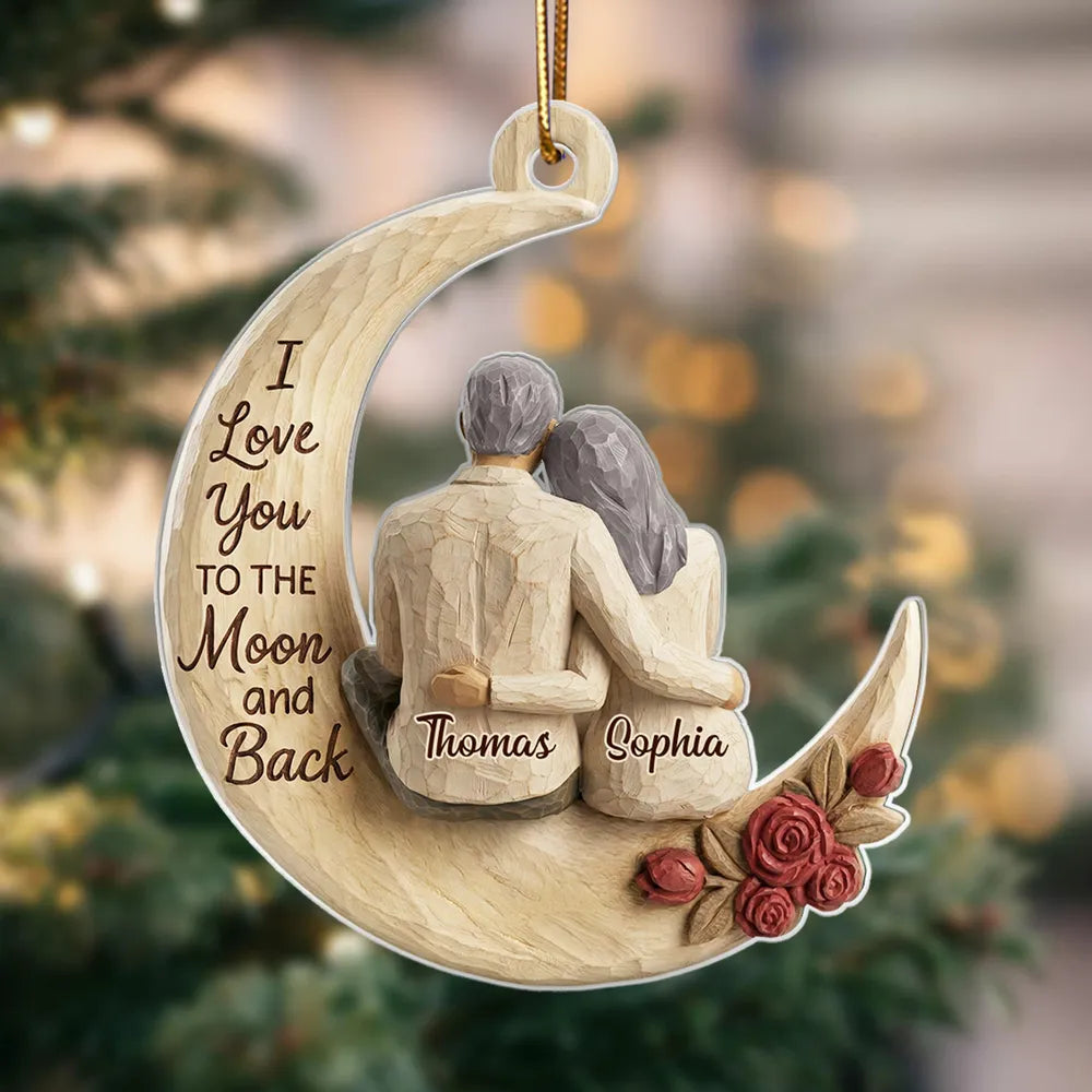 I Love You To The Moon And Back Faux Wood - Personalized Acrylic Ornament - Heartwarming Christmas Gift For Him, For Her, For Couple
