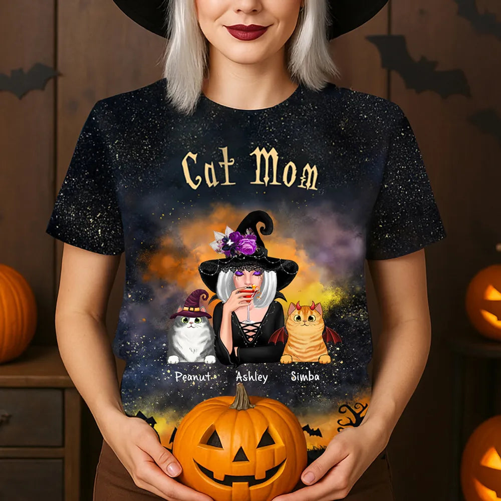 Pretty Witch Cat Mom Witchy Ombre Tie-Dye Pattern Personalized Shirt, Purrfect Costume for Cat Lover