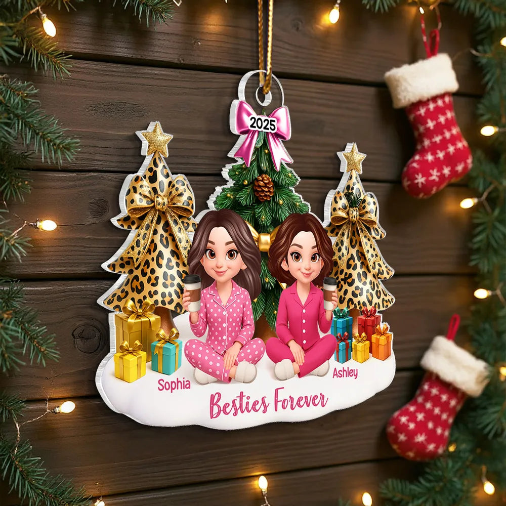 Besties Sitting Around Christmas Tree Personalized Acrylic Ornament, Christmas Gift for Best Friends, Sisters