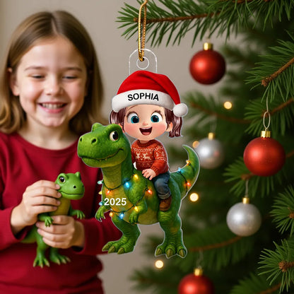 3D Effect Cute Little Girl Boy With Dinosaur Christmas - Personalized Acrylic Ornament - Gift For Kids, Grandkids, Fun & Unique