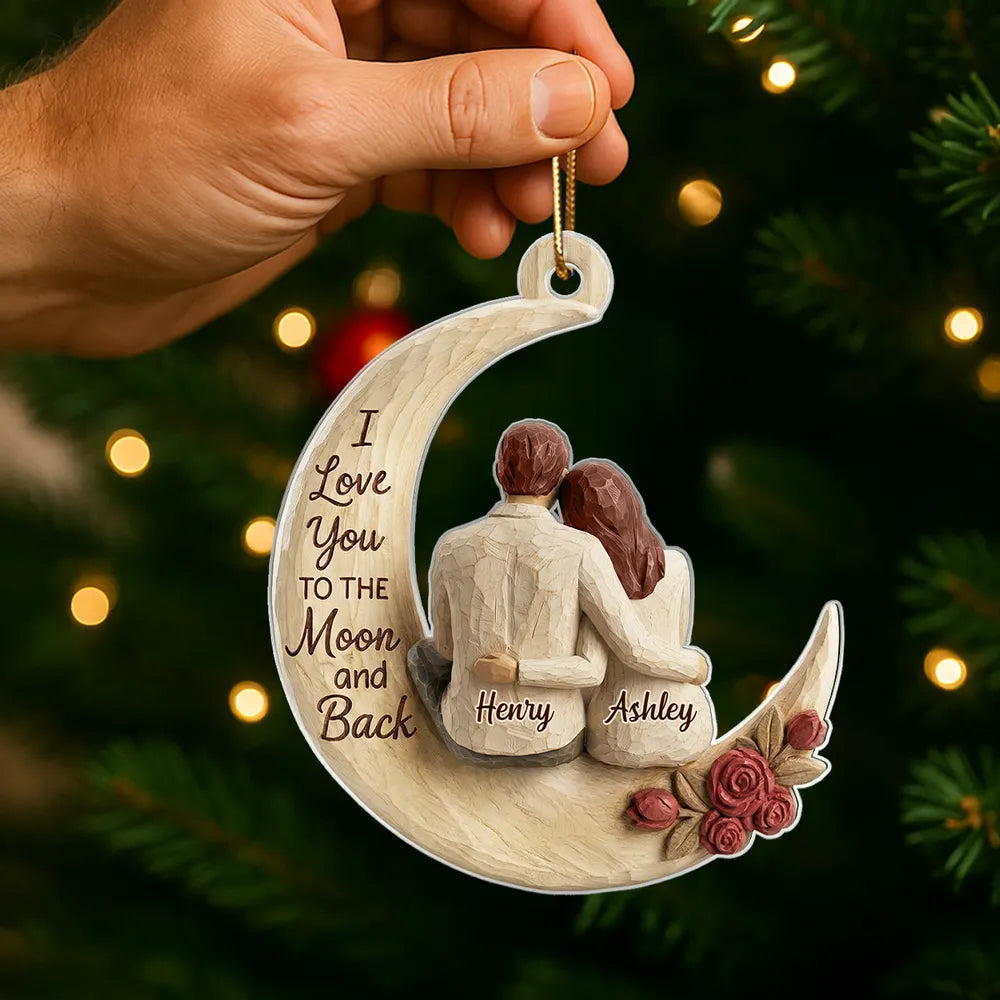 I Love You To The Moon And Back Faux Wood - Personalized Acrylic Ornament - Heartwarming Christmas Gift For Him, For Her, For Couple